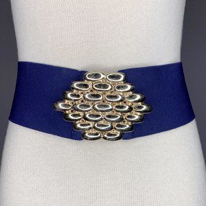 70s Wide stretch Belt 30-40" Vintage Gold Tone Metal Blue Chunky Disco 70s 80s
